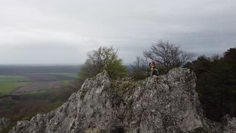 viajero vertiginoso con mochila alcanzando la cima de un acantilado de montaña afilado colinas de bosque de color plano