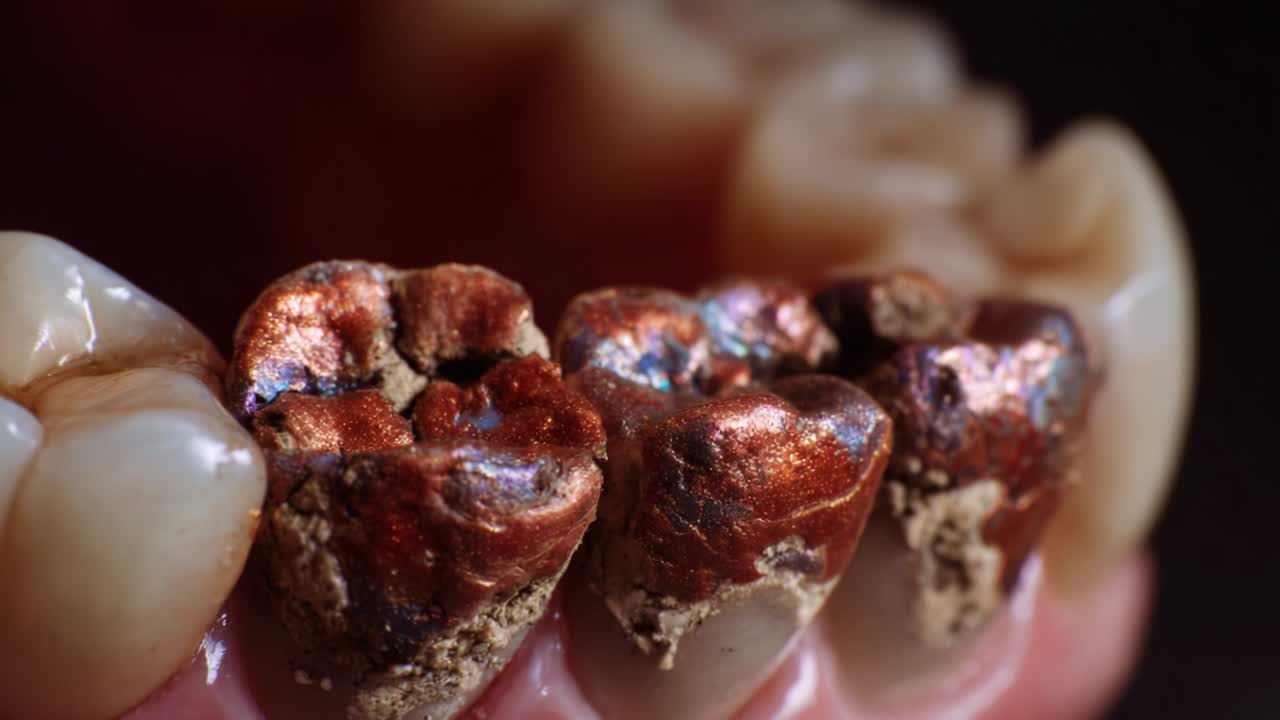 Close-up Examination of Dental Restorations: Captivating Details of Copper Amalgam Fillings and Natural Tooth Structures Highlight the Importance of Oral Health and Aesthetic Considerations in Dentistry