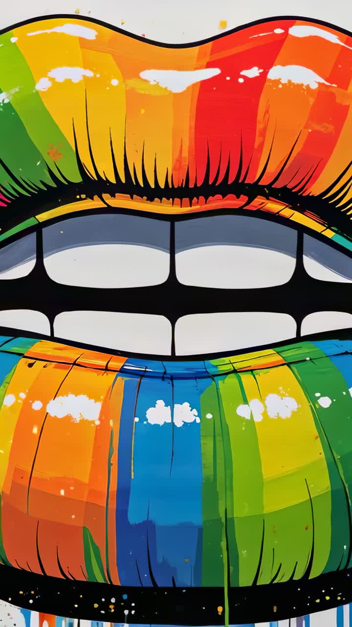 Video verticale: artista di murales che apre le labbra, spazzando vernice viola-blu aggiungendo un tratto verde che cola