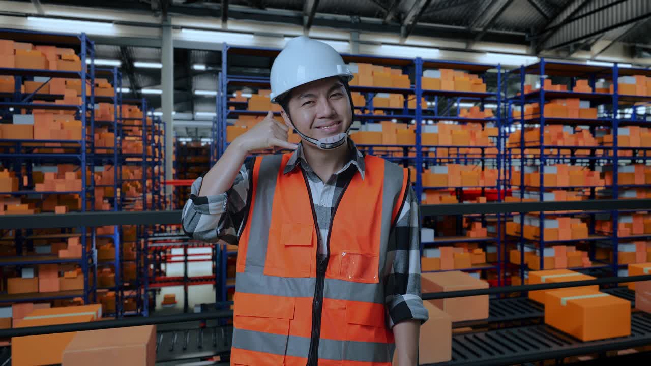 ingeniero masculino asiático con casco de seguridad de pie en el almacén con estantes llenos de bienes de entrega. sonriendo a la cámara y haciendo llamarme gesto en el almacenamiento