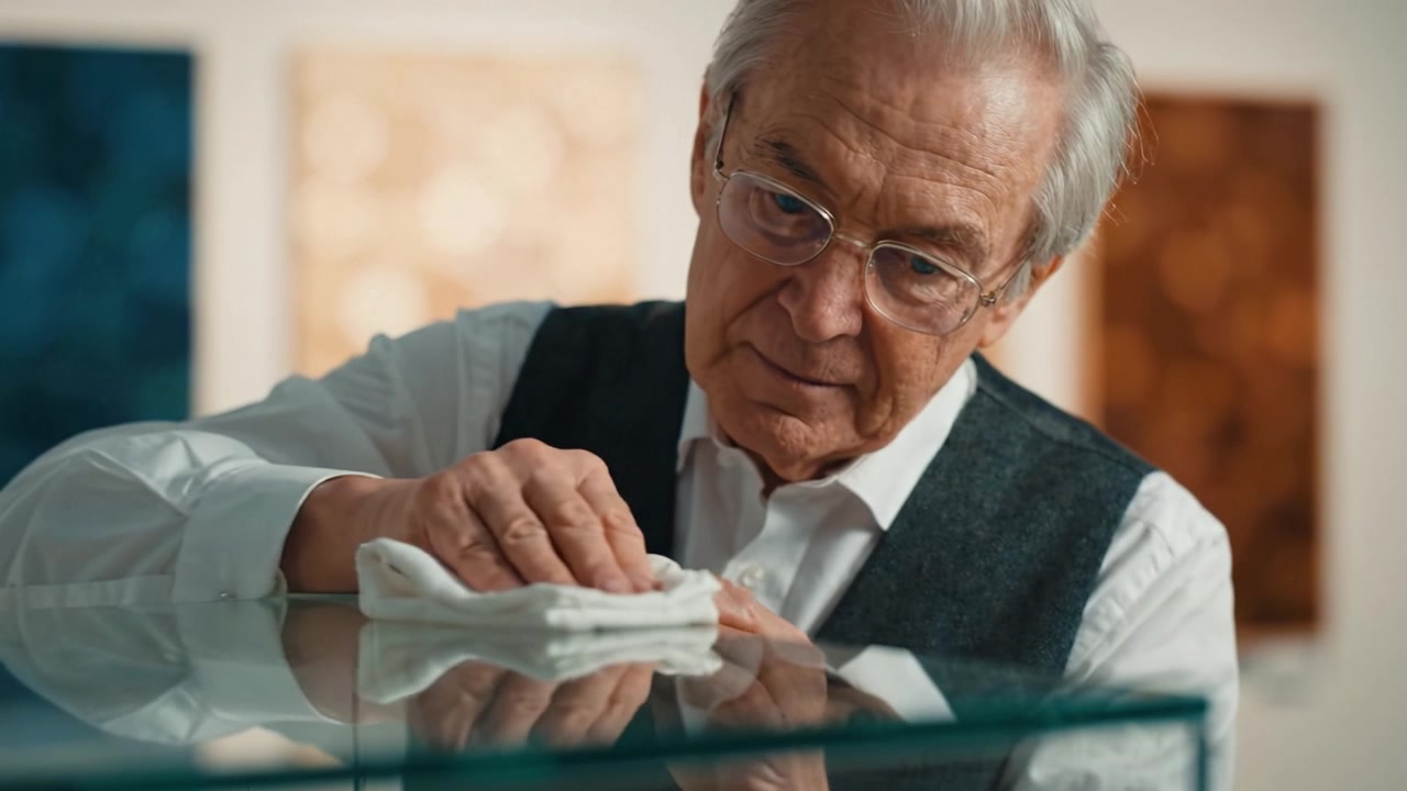 Un uomo anziano lucida con cura una teca di vetro in una galleria d'arte, godendosi la sua passione per la presentazione artistica e l'attenzione ai dettagli.