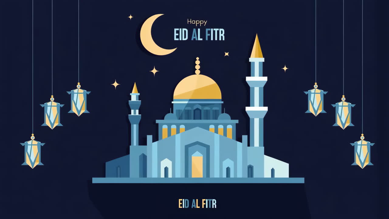 Eid al-Fitr Celebration Illustration with Mosque and Moon