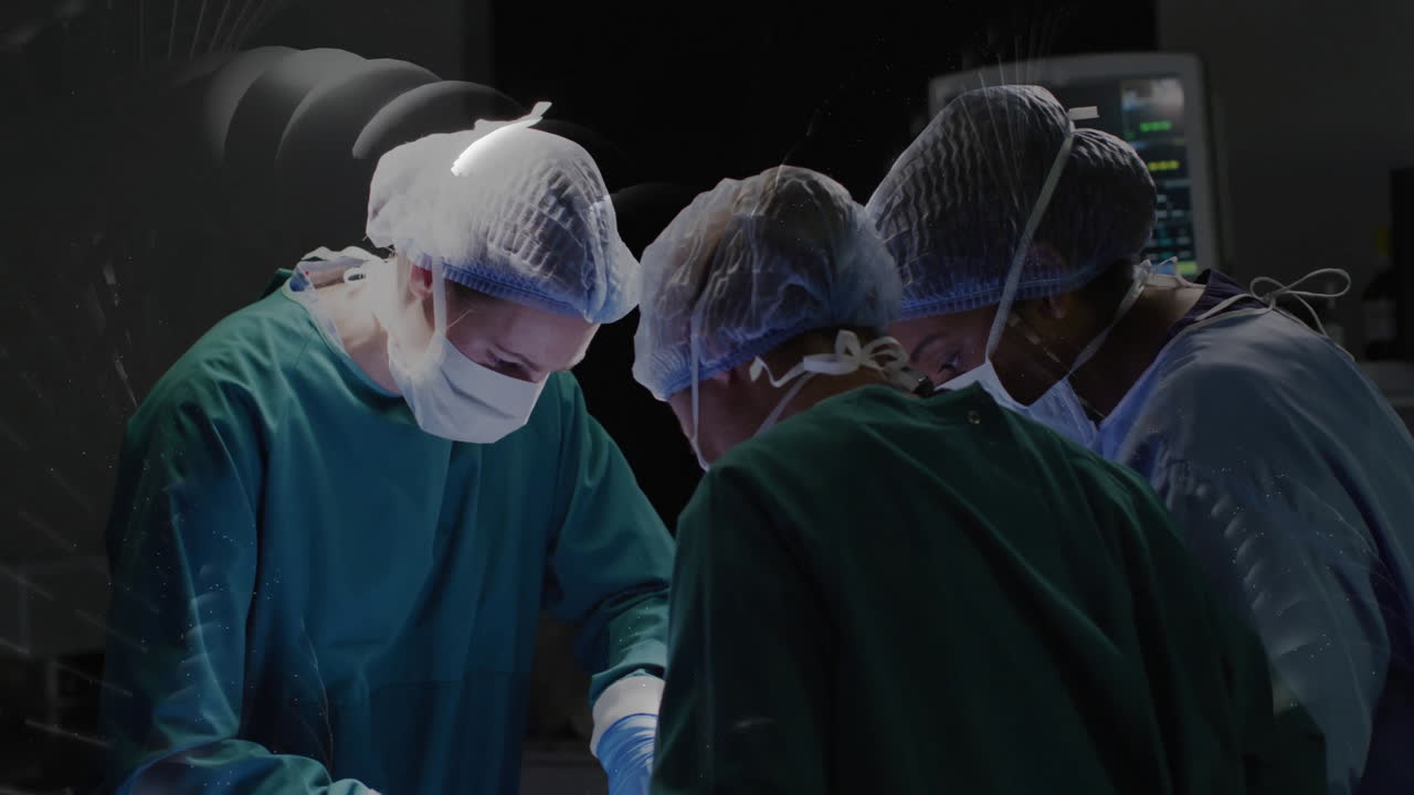 Performing surgery, surgeons in operating room with medical equipment around them
