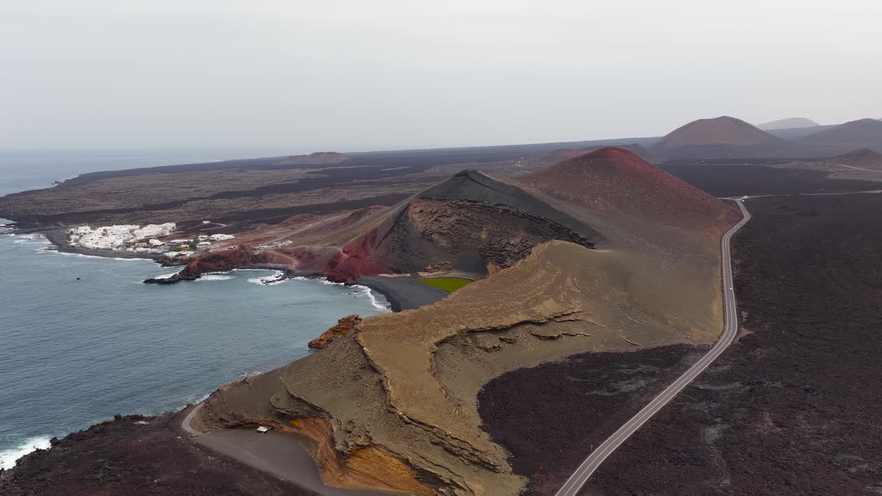 Vista aerea su El Golfo, la laguna verde e colorata di Charco de los Clicos sulla costa di Lanzarote