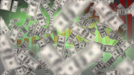 animación de billetes de dólares estadounidenses que caen sobre el procesamiento de datos financieros