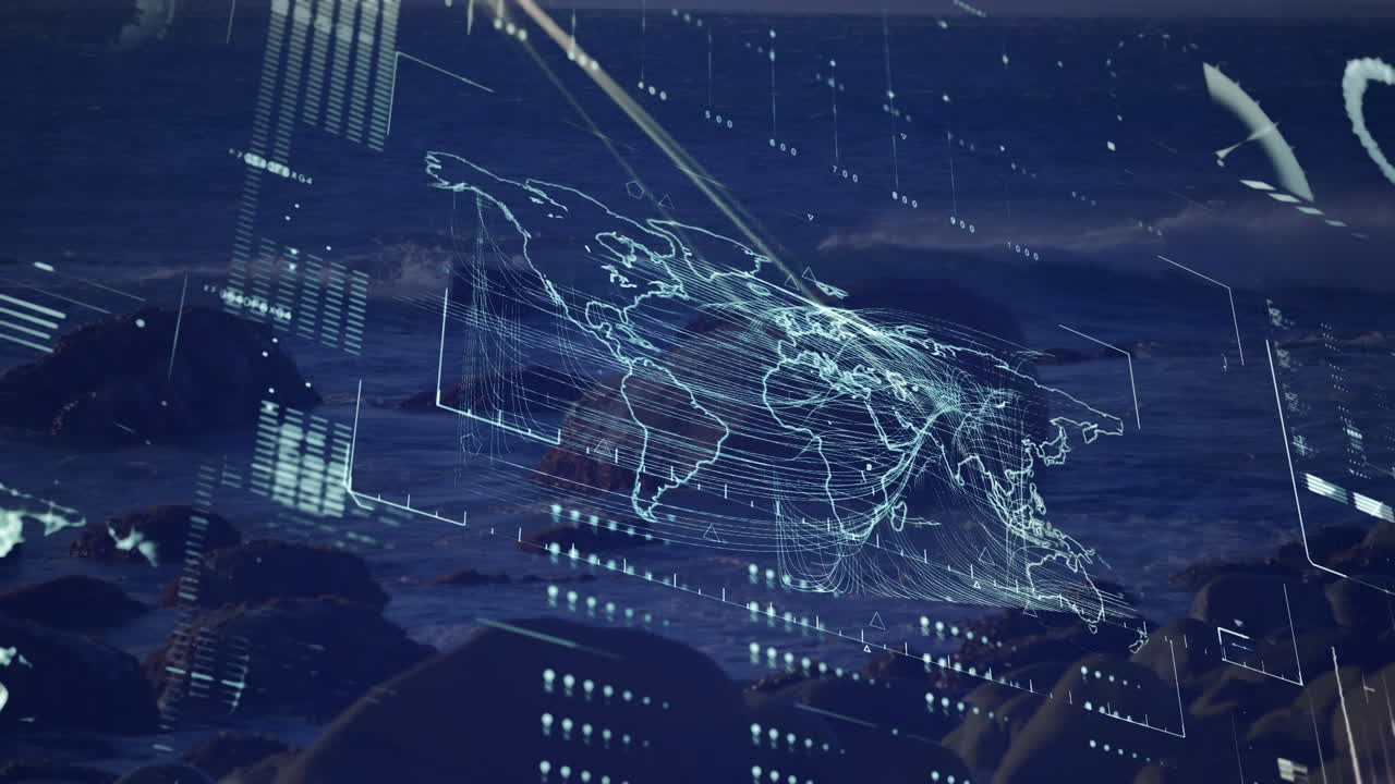 바위 바가에 어지는 파도의 경치에 대한 인포그래픽 인터페이스의 애니메이션