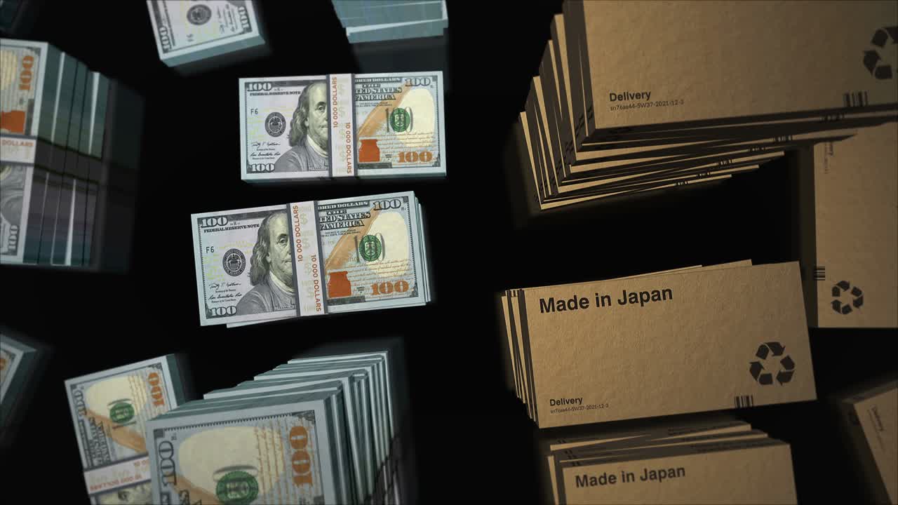 Made in Japan-Schachtel und US-Dollar-Geldbündel 3D-Animation in Endlosschleife