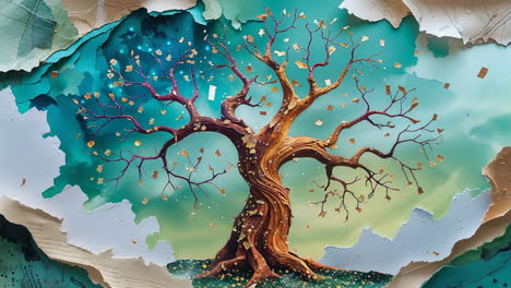 whimsical tree of life with golden leaves and ripped paper frame