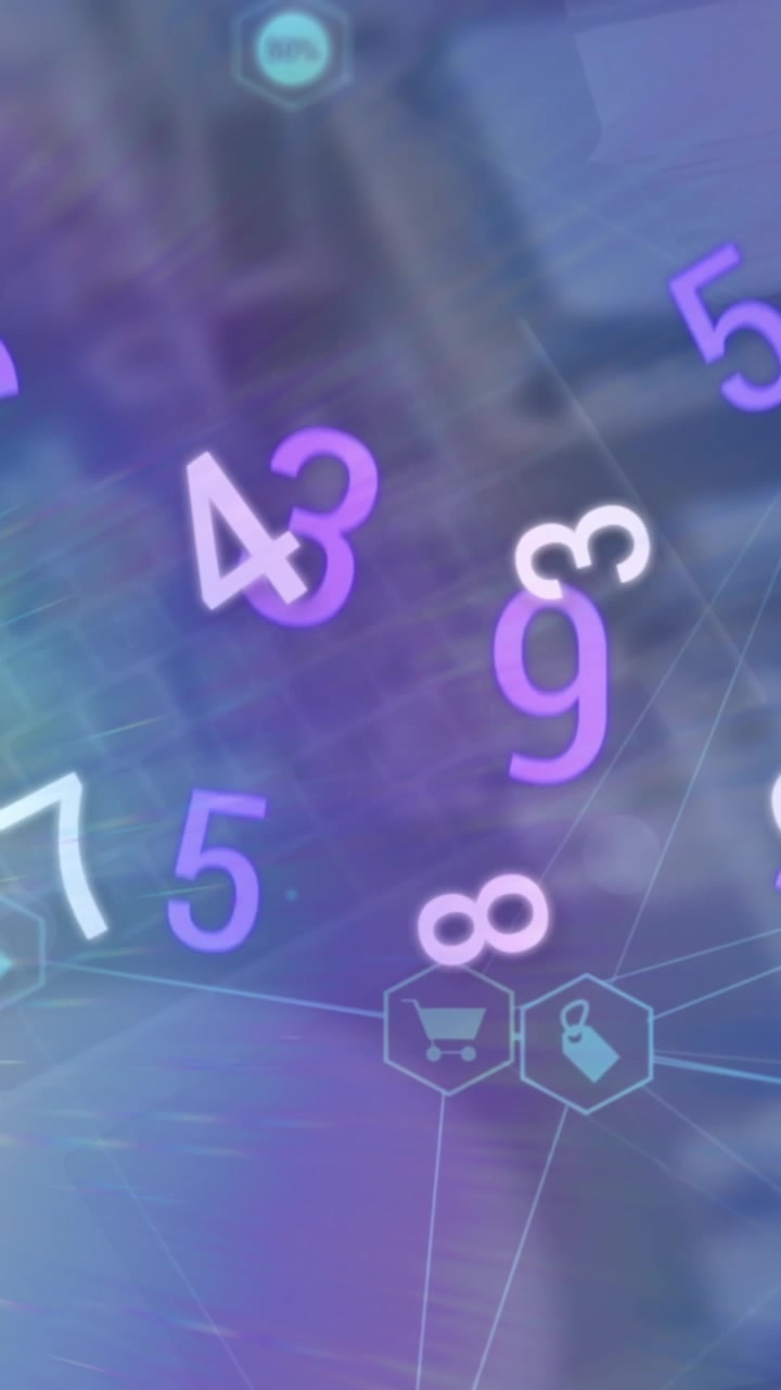 Animation of lens flare, numbers, icons connected with lines over laptop and electronic component
