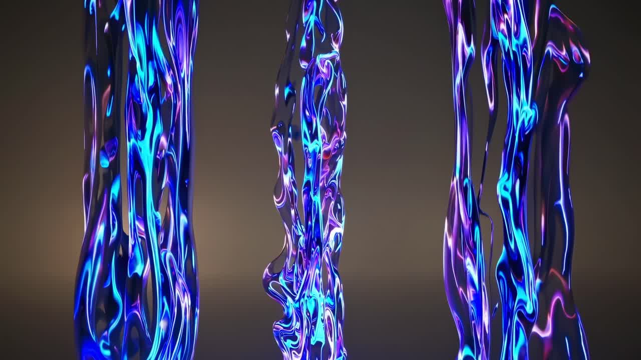 Dynamic abstract shapes illuminated in vibrant neon colors resembling liquid forms against a dark background