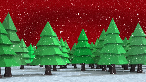 animation of snow falling over winter scenery on red background