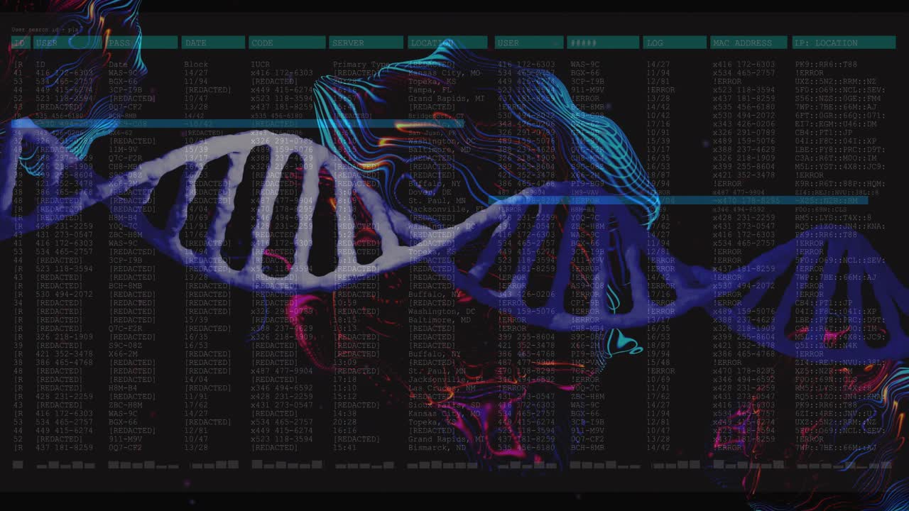 DNA helix oscillating while cyan scan gliding distorting data columns neon shapes visualizing data