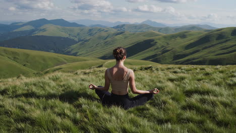 woman meditating peacefully in a serene mountain landscape