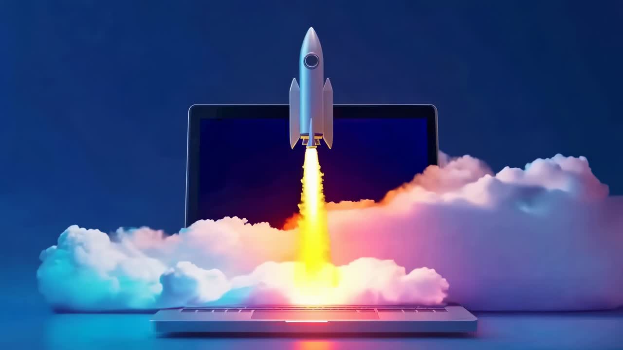 A 3D rocket launches from a laptop screen, surrounded by clouds, viewed from a low angle