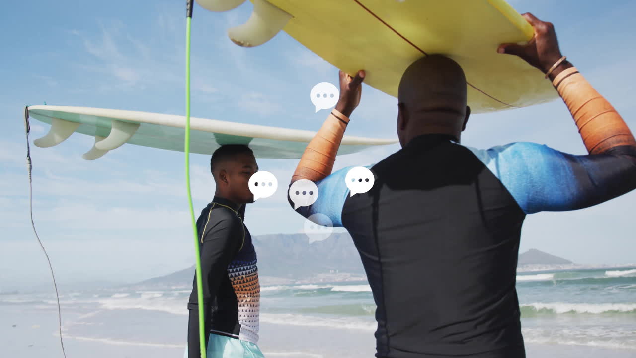 Surf instructor and learner carrying surfboards on beach while animated wave icons guiding lesson