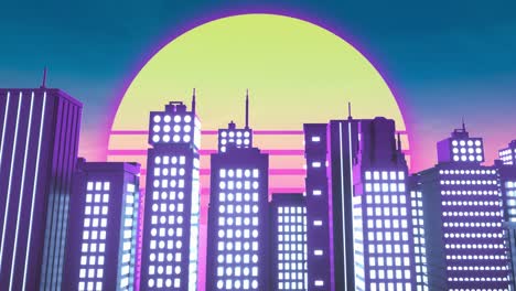 retrowave style animation of neon city. vj synthwave looping 3d animation for music video