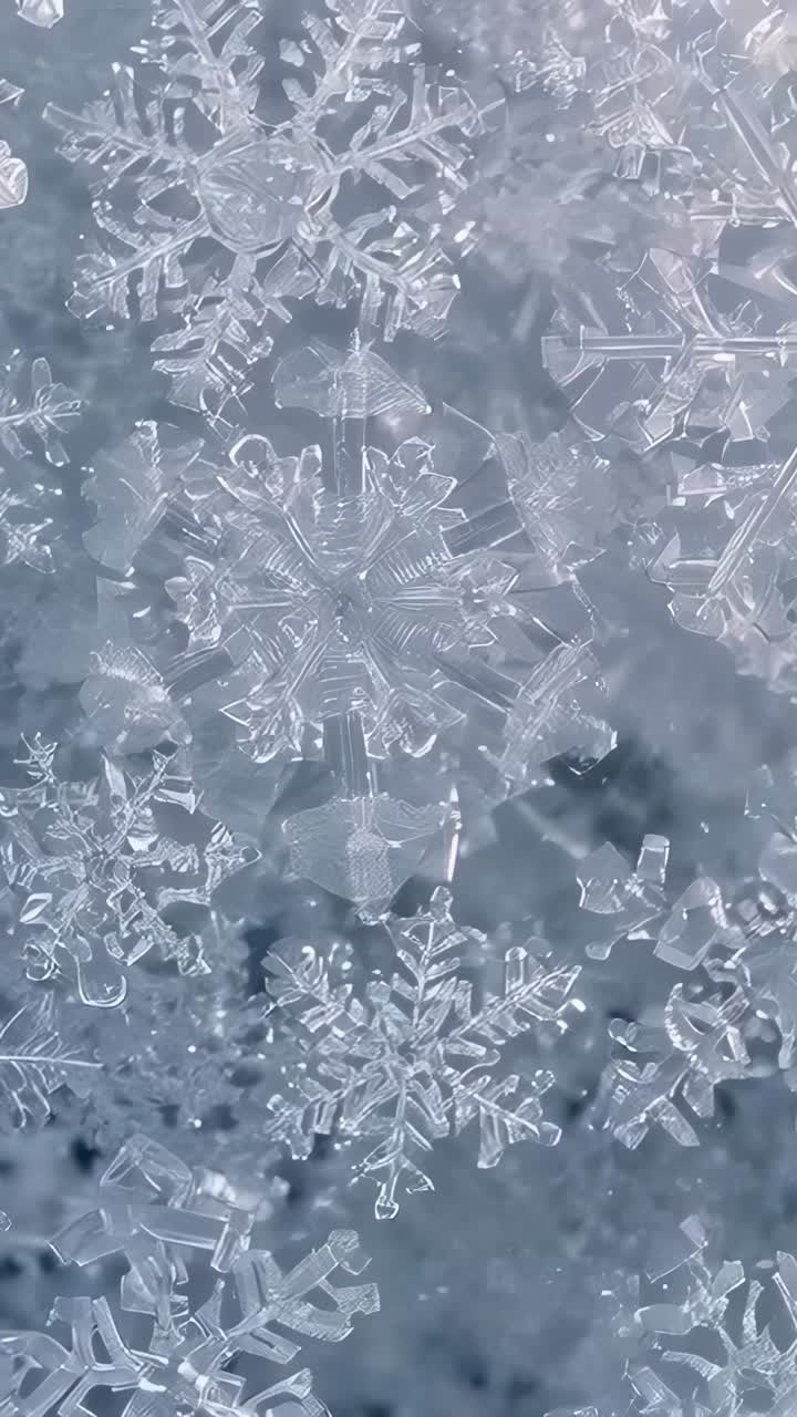 Vertical video: Shifting camera showing snowflakes focusing on dark surface, examining facets