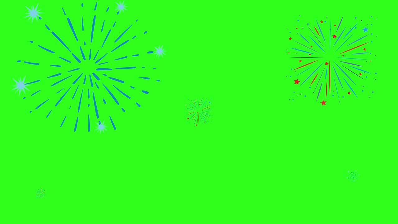 Colorful fireworks burst dynamically against a vivid green backdrop, creating a lively and festive atmosphere