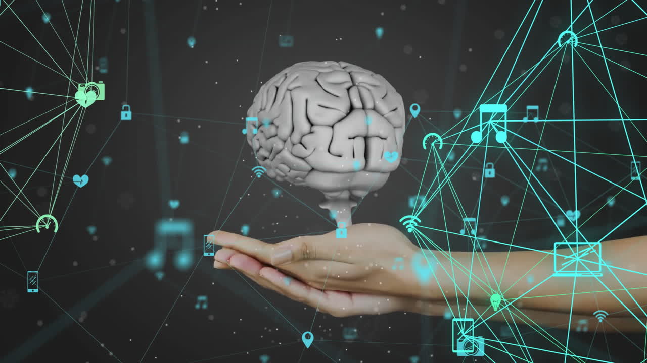 modelo cerebral, mano con conexiones de red y animación de procesamiento de datos