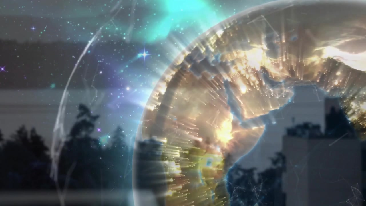 Sphere appearing triggers digital globe rotating with pulsing network lines visualizing data flow