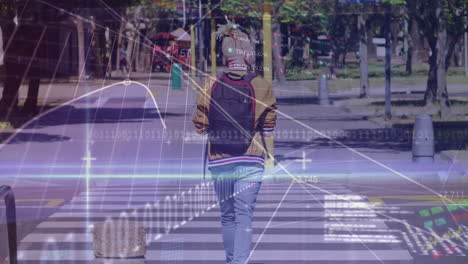 animation of financial data processing over albino african american man walking on street