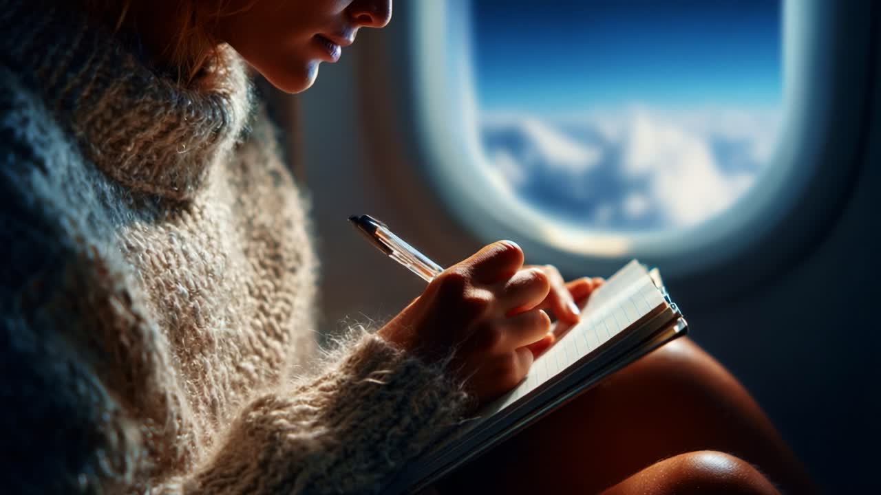 A person is actively engaged in writing while seated by an airplane window, capturing thoughts and moments against a picturesque backdrop of clouds and clear skies during a flight