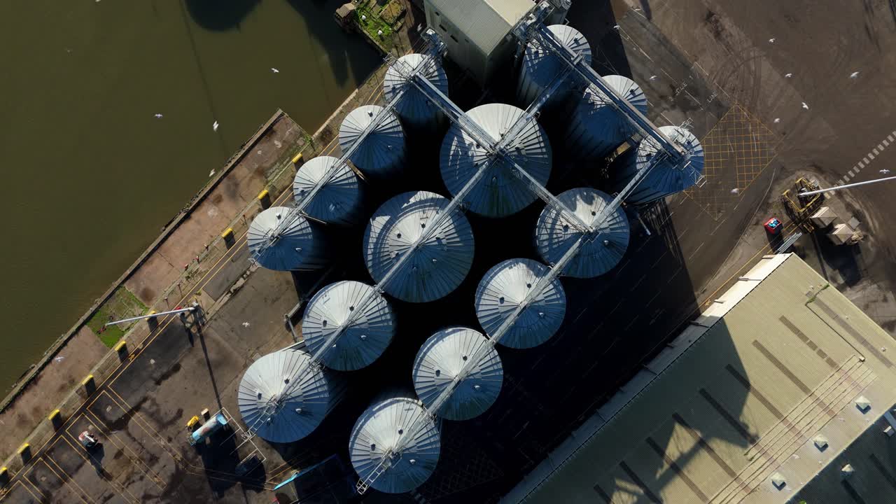 Top Down Aerial Perspective Of Industrial Storage Silos At Kings Lynn Port In Norfolk England