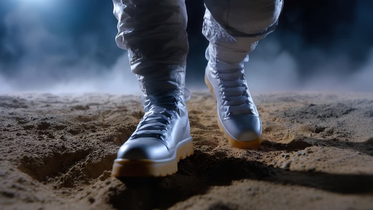 Uma Perspectiva Futurista sobre Calçados: Um Indivíduo Usando Tênis Prateados Caminhando em Terreno Arenoso em Meio a uma Atmosfera Nebulosa e Mística sob Luz Tênue