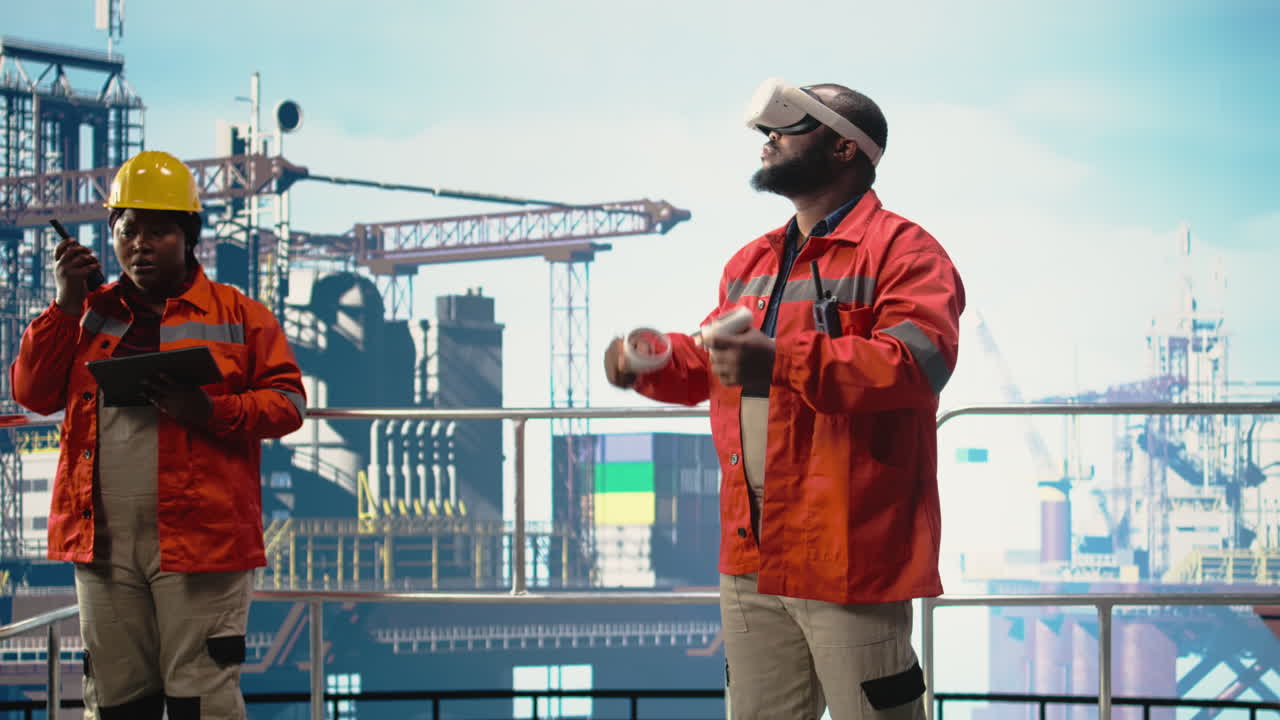 Vertical video Offshore rig worker supervising deck operations using virtual reality simulation
