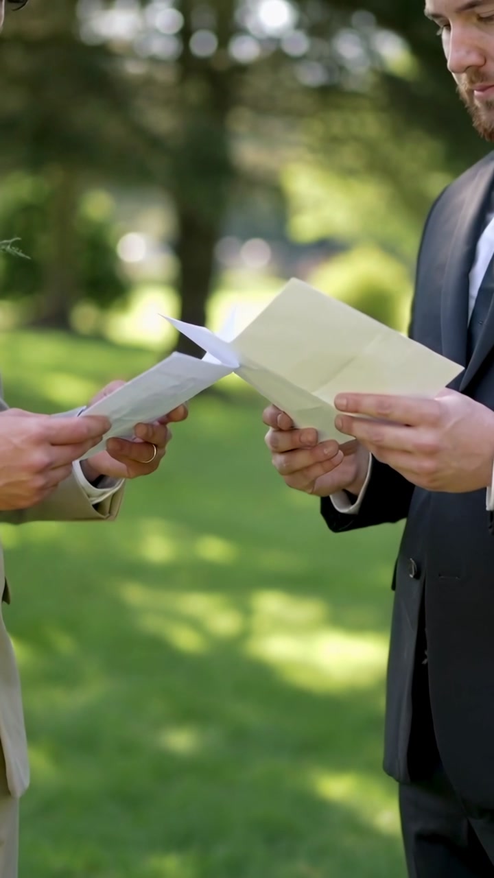 Two adult men in suits reading vows from cards after ceremony cue on lawn, turning pages