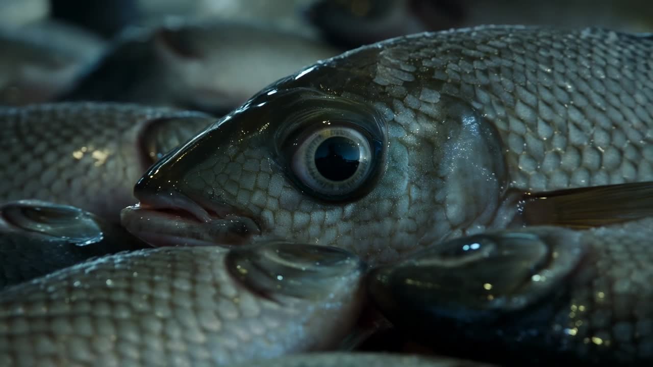 Allontanamento della camera che rivela una singola testa di pesce sul tavolo del mercato, esponendo pile di squame bagnate in vendita