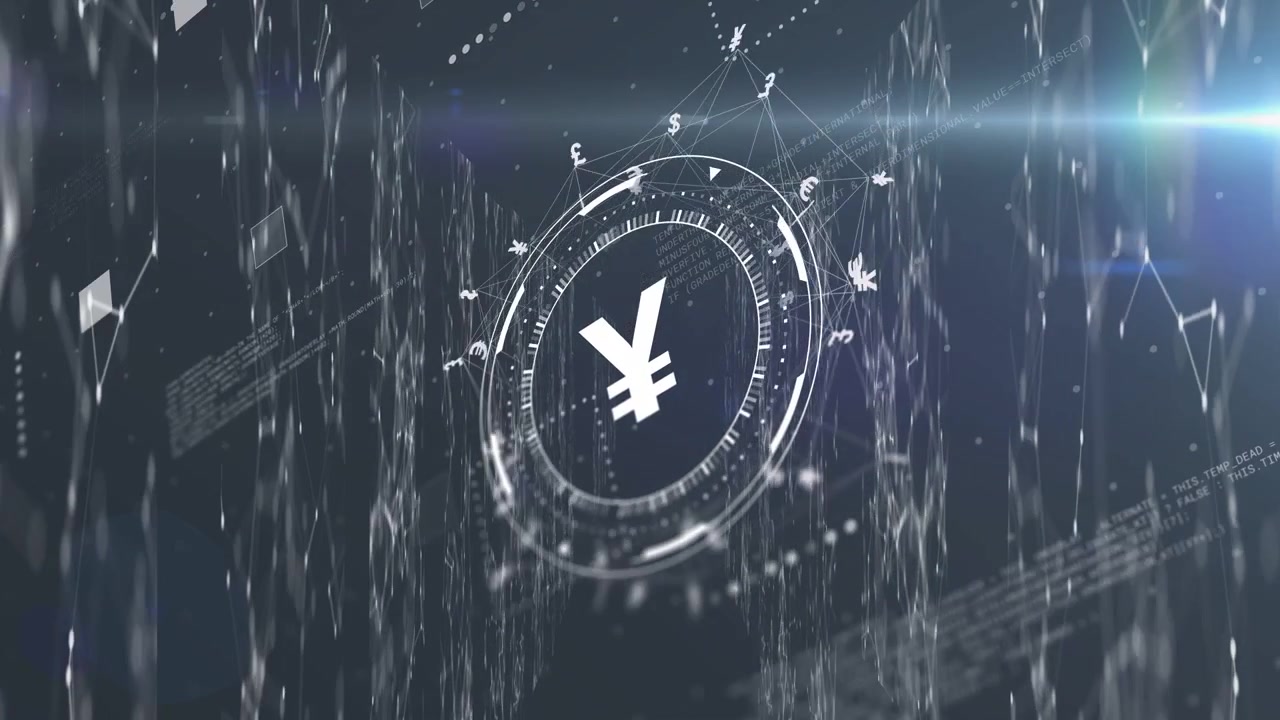 All'inizio, un bagliore si diffonde, con un HUD circolare che mostra un simbolo ¥ bianco che ruota e si riforma, visualizzando dati finanziari.