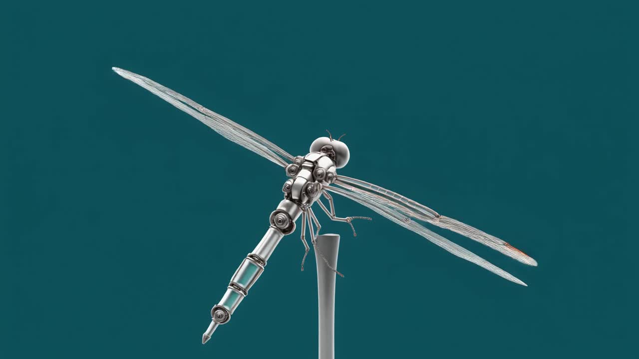 3D Rendered Robotic Dragonfly Flapping Wings on Teal Background