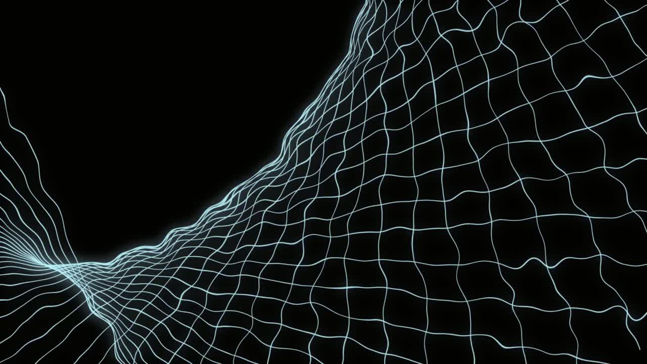 Abstract Blue Wireframe Grid Undulating on Black Background