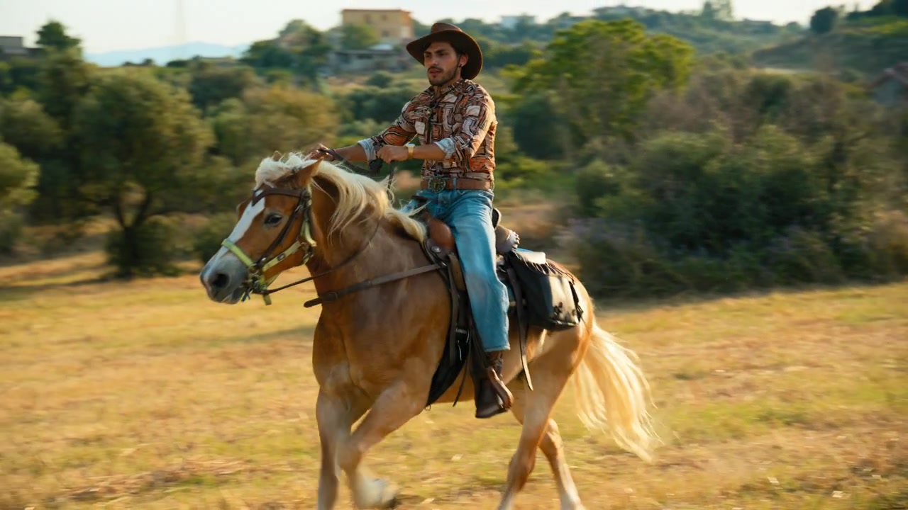 Cowboy galopando descontroladamente em uma paisagem italiana com árvores