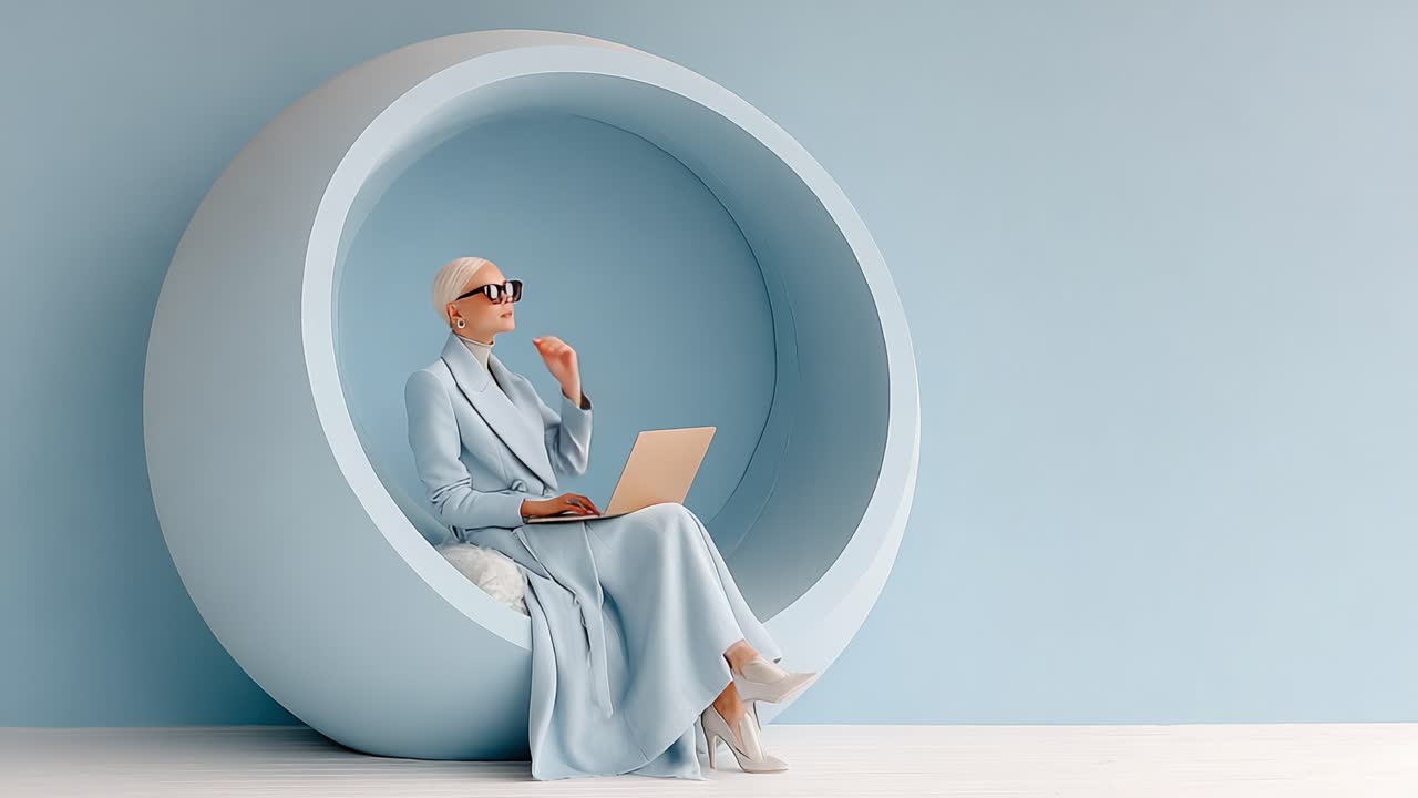 Contemplative Elegance: A Fashionable Individual in Chic Attire Engaged in Thoughtful Reflection While Using a Laptop in a Modern, Minimalist Setting