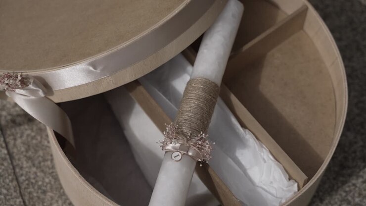 Elegant baptism set with a decorated candle and cloth in a round gift box