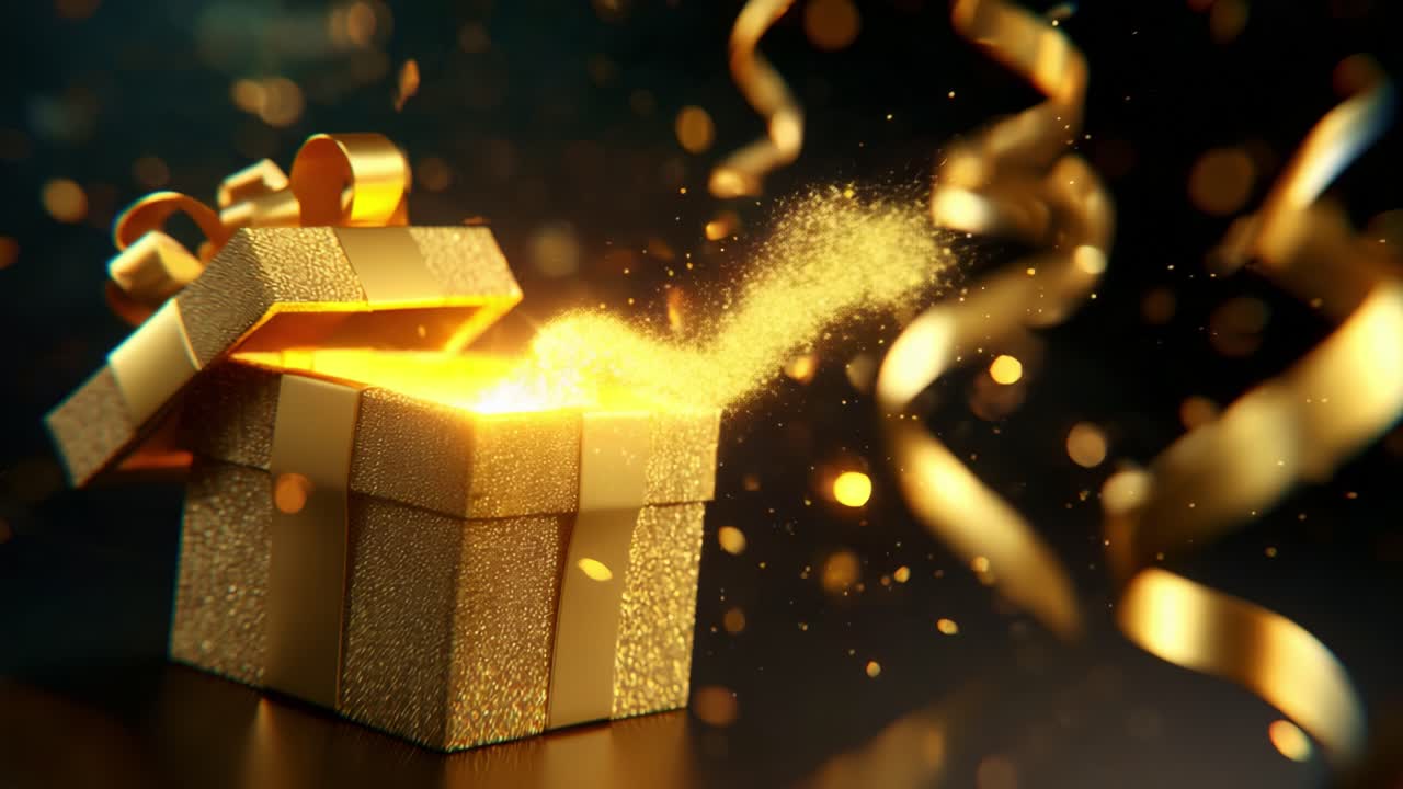 A Stunningly Illustrated Golden Gift Box with Shimmering Contents Opening Up, Revealing Sparkling Lights and Festive Confetti in a Captivating Celebration of Joy and Surprise