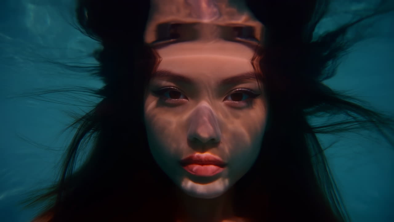 Primo piano di giovane donna sott'acqua con giochi di luce