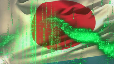 animation of flag of japan over digital data processing and binary coding