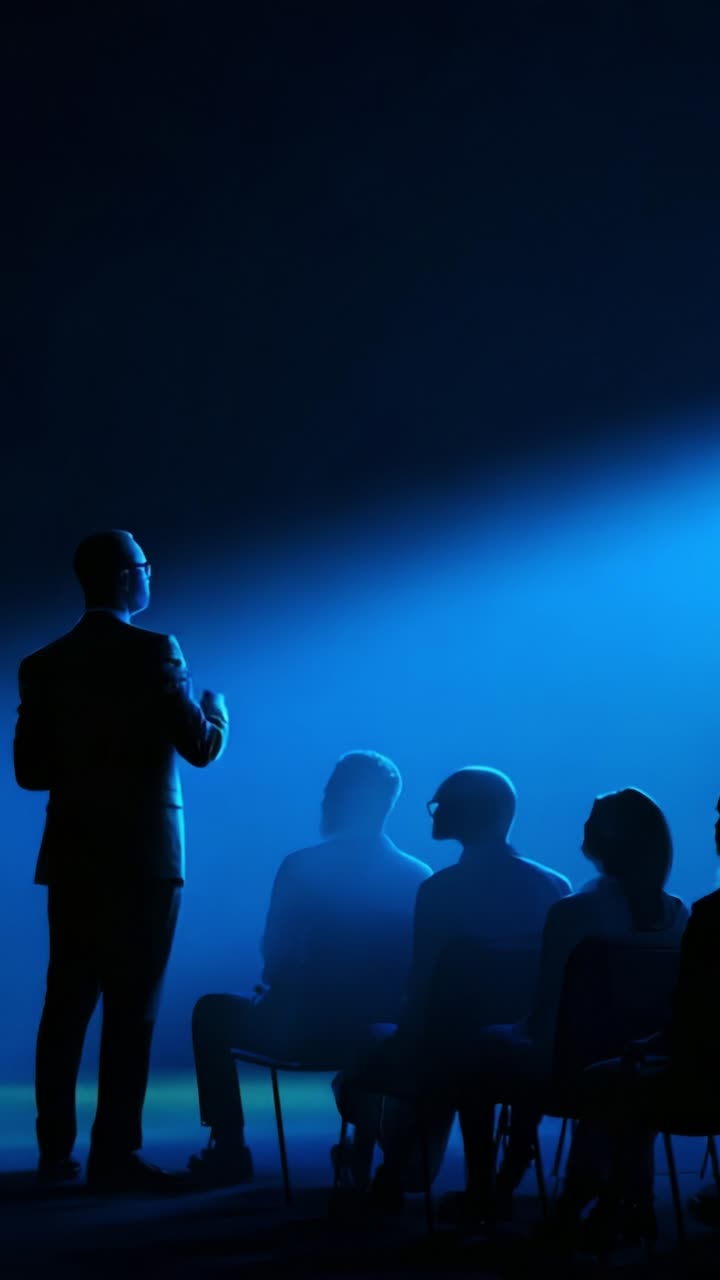A Speaker Engaged in a Dynamic Presentation, Illuminated by Blue Light, Captivating an Audience in a Mystical Atmosphere of Focus and Anticipation