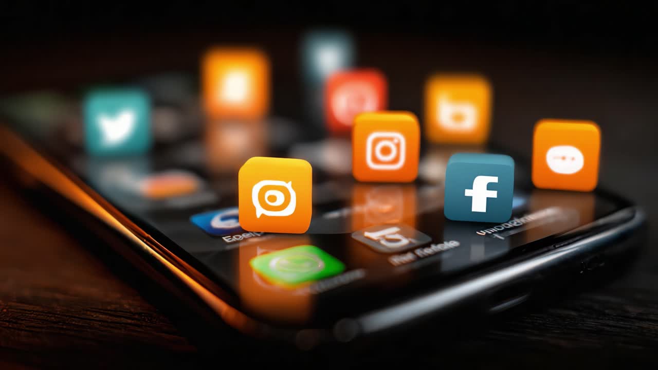 Una panoramica dinamica delle icone dei social media su uno schermo di smartphone, che cattura l'essenza della comunicazione digitale e della connettività nella società moderna.