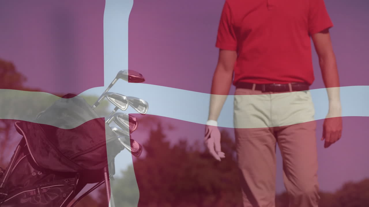 Male golfer pushing cart on fairway for business campaign, showing animated Danish flag overlay