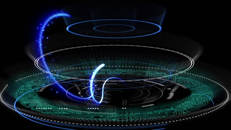 animation of lights over circles with integrated circuit on black background