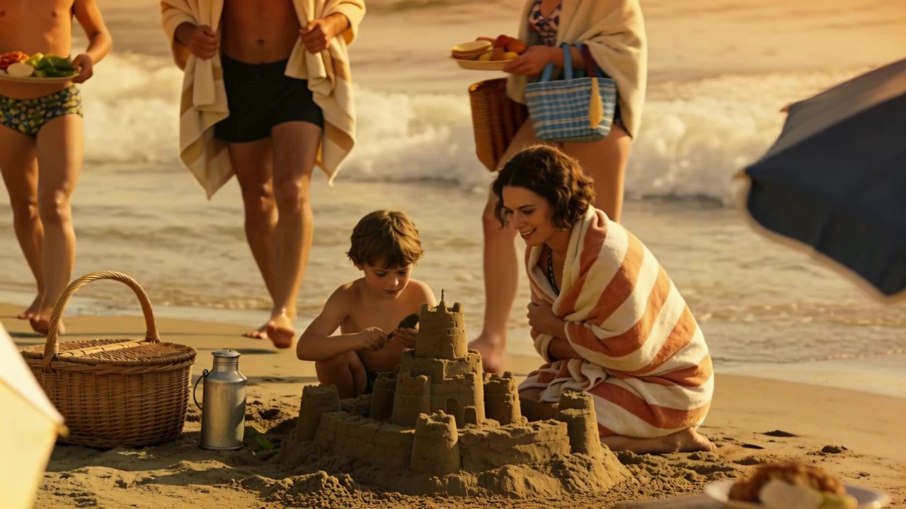 Making boy in trunks shaping sandcastle beach, woman in towel watching adults from surf with basket