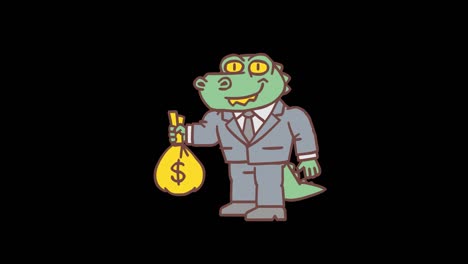 un cocodrilo con una bolsa de dinero y sonríe. animación cuadro por cuadro. canal alfa