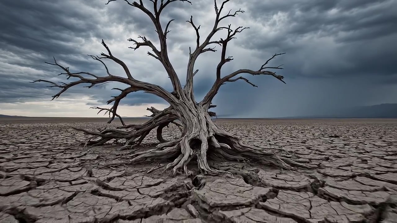 Solitary dead tree in cracked desert landscape under stormy sky