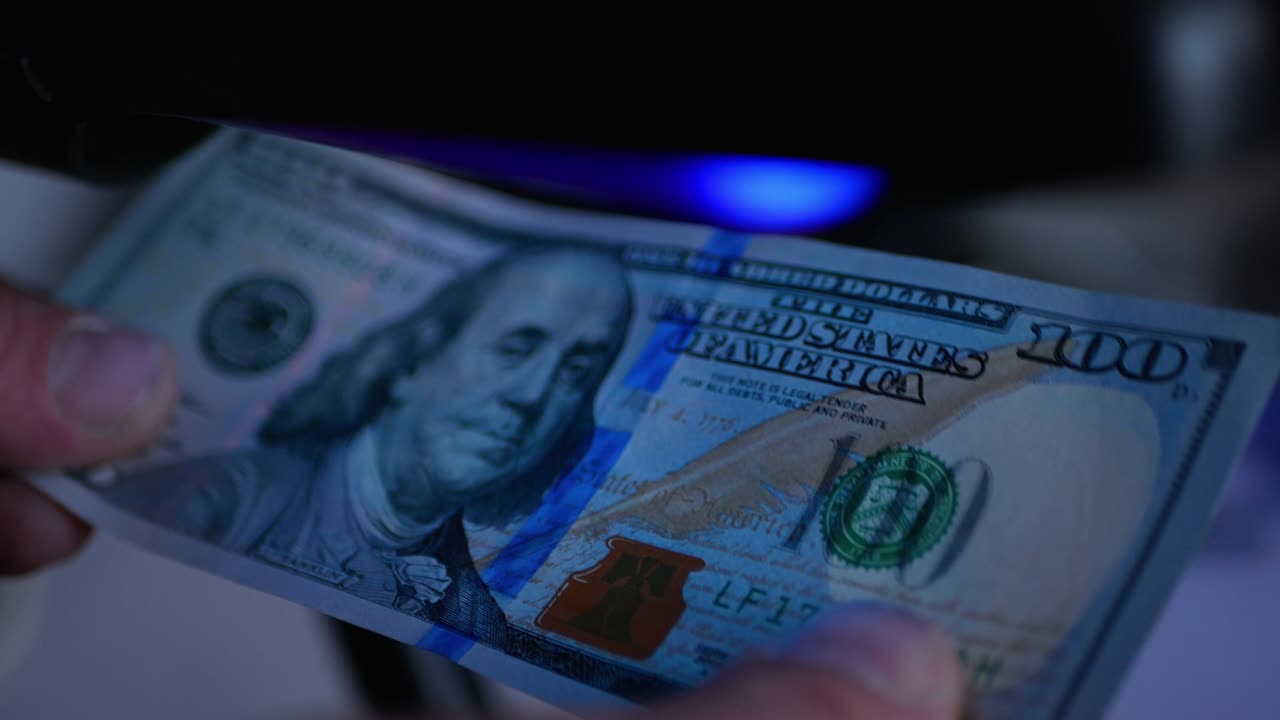 Denaro sotto luce ultravioletta. Concetto: verifica dell'autenticità dei dollari. Ricerca di filigrane sulle banconote.