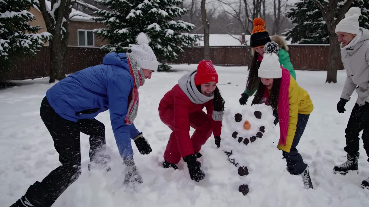 A lively video scene captures friends building a snowman from a low angle, highlighting winter fun