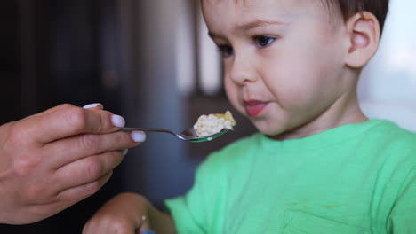 beautiful dark-haired toddler is fed from spoon. little child's nutrition. close up. blurred backdrop.